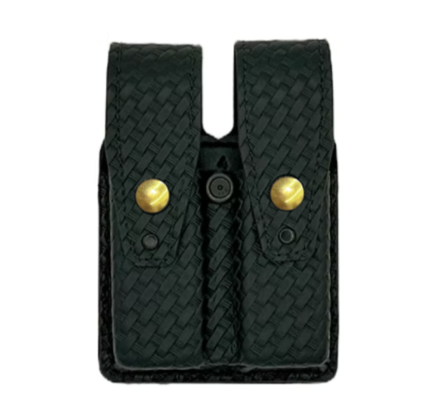 Double Magazine Pouch LEOTAC™ for police and security officers, Basketweave finish with brass snap. Lightweight.