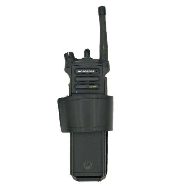 Universal Radio Holder LEOTAC™ for police and security officers, plain finish with Adjustable Side and Optional Retention Strap - Long Back 7 Inches snap. Lightweight.
